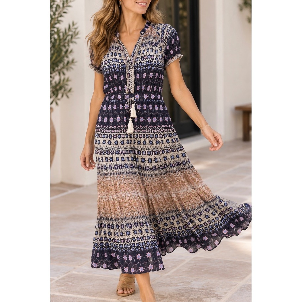 Free People Rare Feelings Midi Dress Floral Boho Tassel Smocked XS OB907121